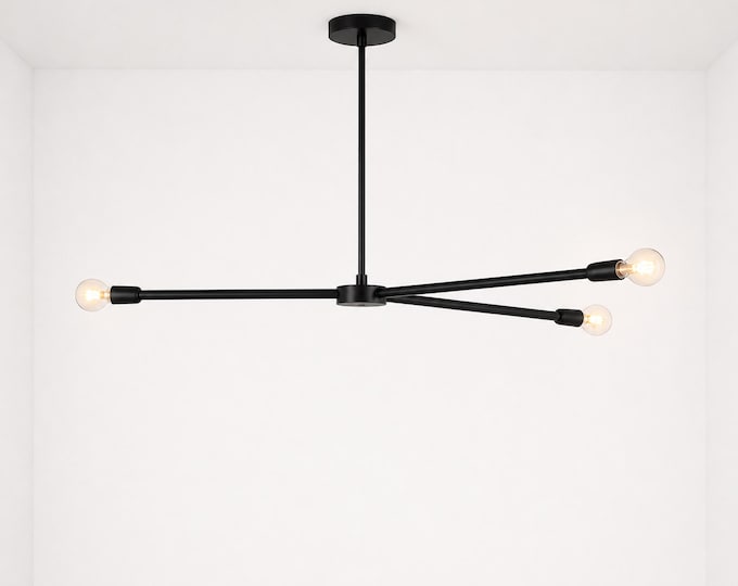 Matte Black Chandelier, 4 Light Modern Ceiling Fixture, Minimalist Linear Pendant, Mid Century Dining Room Light, Kitchen Island Lighting