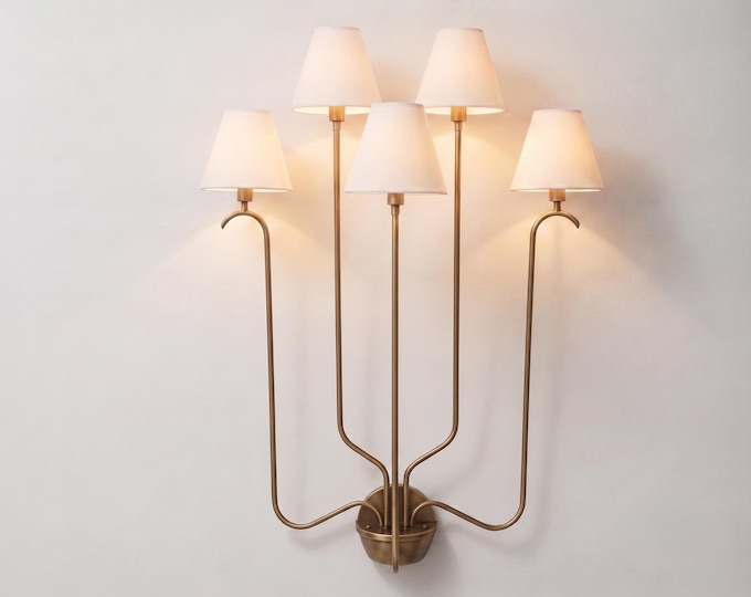 Wall Light Brass antique Multi Light Fixture, Five Arm Wall Lamp with White Fabric Shades, Elegant Nordic Lighting for Living Room & Hallway