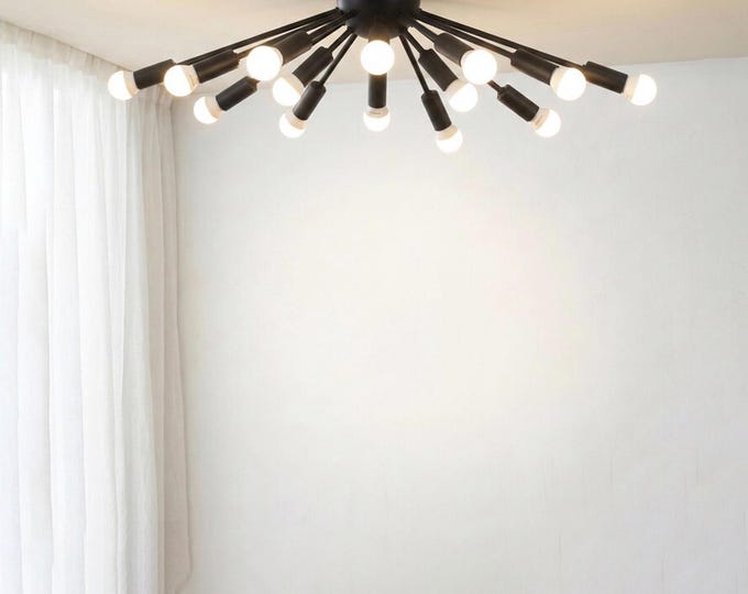 Modern Matte Black Sputnik Chandelier with Exposed Globe Bulbs | Mid Century Ceiling Light Fixture for Living Room & Dining Room
