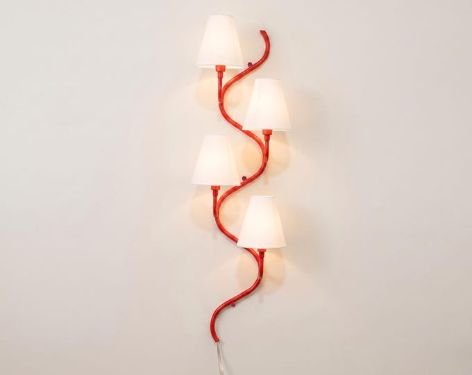 Red Spiral 4 Light Wall Sconce with White Fabric Shades Luxury Artistic Curved Wall Lamp for Living Room, Bedroom, Hallway Decoration Item