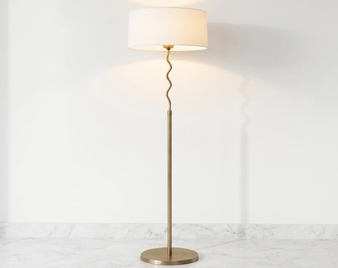 Floor Lamp in Antique brass Color Designer Standing Lamp with White Drum Fabric Shade Elegant Ambient Lighting for Bedroom LivingRoom design