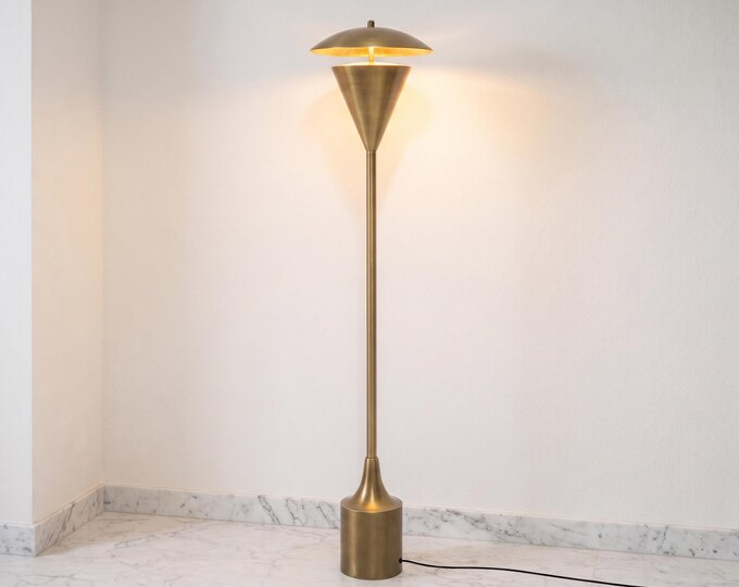 Floor Lamp in Brass Gold Color Modern Scandinavian  Lamp with Floating Disc Shade and Warm Ambient Lighting for Luxury Living Room Decor