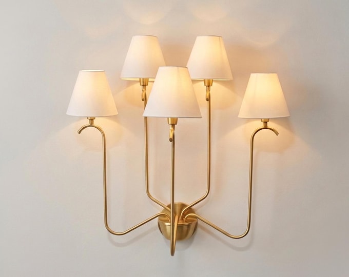 Wall Light Brass Gold Luxury Sconce, Contemporary Five Arm Wall Fixture with Soft White Shades,  Modern Lighting for Bedroom & Dining Space