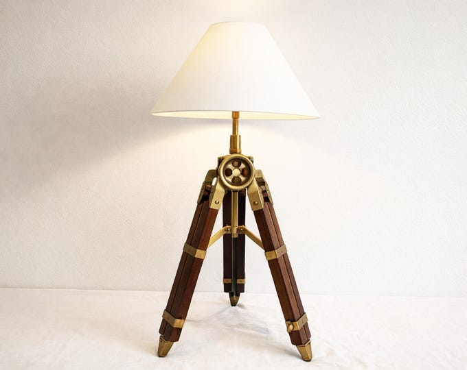 Sheesham Wood Tripod Table Lamp: Antique Brass Finish
