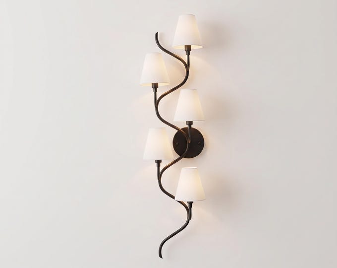 Wall Light – Black Twisted Vine 5-Light Vertical Wall Sconce with White Fabric Shades |  Lighting Fixture for Living Room Bedroom Hallway