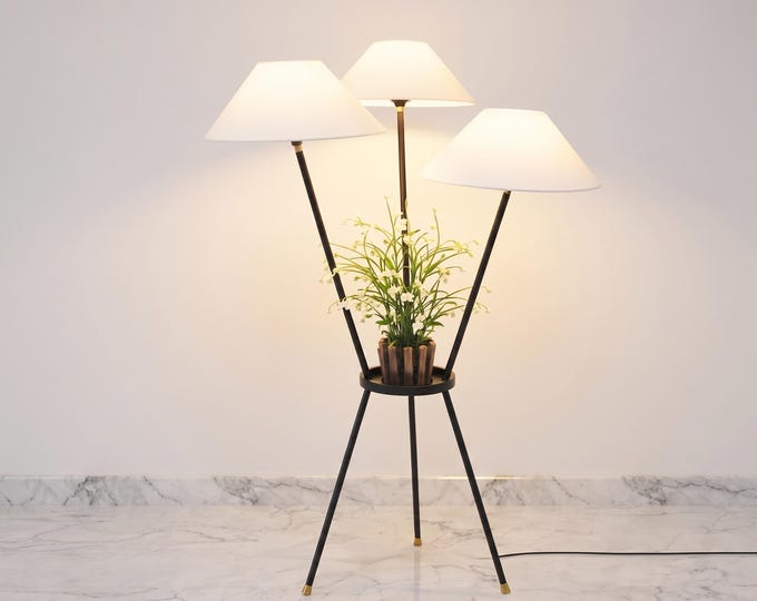 Floor Lamp in Matte Black Color Modern Tripod Floor Lamp with Black Lined white Fabric Shades and Flower Stand Corded Home Decor Lighting.