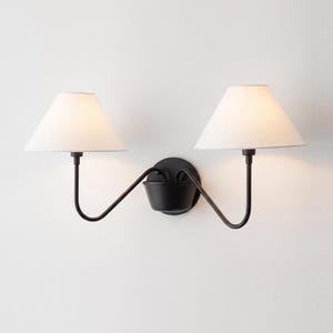 Matte Black Double Wall Sconce, Modern 2 Light Bedroom Wall Lamp with White Shades, Contemporary Bedside Lighting for Stylish Home Décor Art