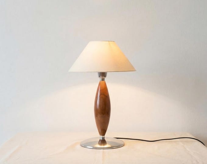 Vintage Wooden Table Lamp, Mid Century Modern Bedside Lamp, Handmade Wood Accent Lamp Fabric Shade, Elegant Bedroom & Living Room Lighting.
