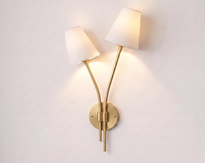 Wall Light Brushed Brass Contemporary Twin Shade Sconce, Premium Mid Century Modern Wall Fixture for Sophisticated Home Interiors