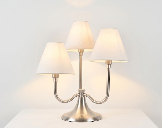 Table Lamp – Elegant Brushed Silver Triple Shade Table Lamp with Modern Fabric Shades | Luxury  Accent Lighting for Bedroom and Living Room