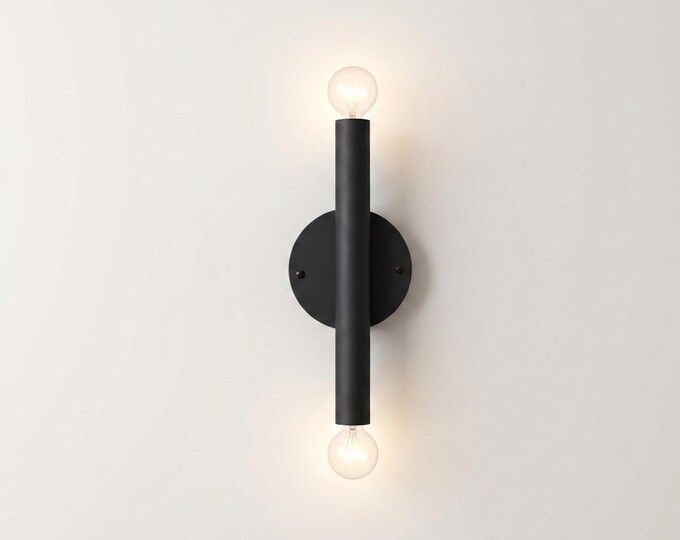 Wall Light Modern Black Minimalist Tube Sconce, Luxury Vertical Double Bulb Wall Fixture for Bedroom, Hallway & Living Room Decor