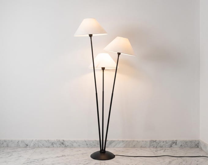 Floor Lamp in Black Color Modern Triple Head Floor Lamp with White Fabric Shades Cord and Foot Switch Plug for Living Room Bedroom Decor