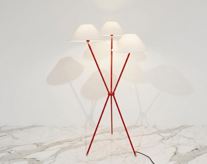 Red Tripod Floor Lamp with Three Shades: Modern Living Room Lighting