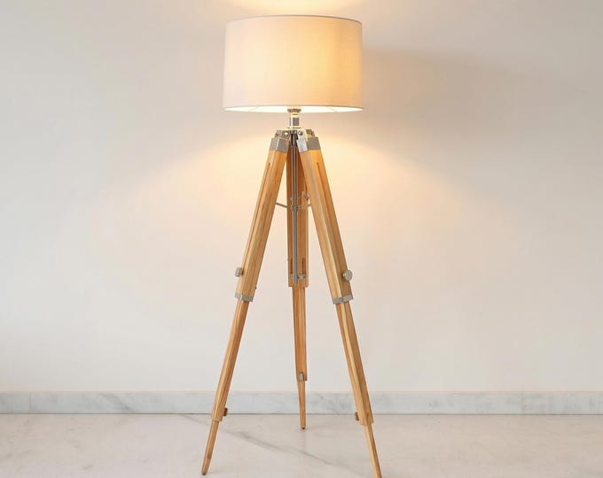 Natural Teak Wood Tripod Floor Lamp: Adjustable Corner Lighting
