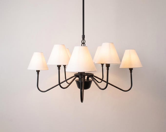 Matte Black 6 Light Chandelier with White Linen Shades | Modern Ceiling Hanging Light Fixture for Dining Room & Kitchen Island