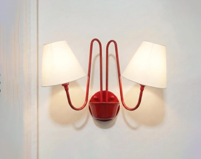 Wall Light Matte Red Contemporary Twin Shade Sconce, Artistic Minimalist Wall Fixture for Luxury Modern Interior Styling