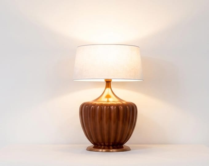 Table Lamp – Vintage Brown Ceramic Ribbed Table Lamp with Warm Linen Shade | Mid Century Modern Bedside Accent Lighting