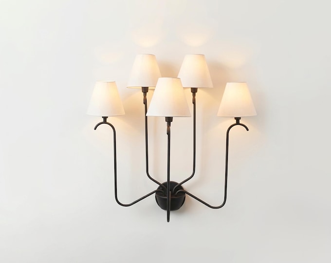 Matte Black 5 Light Wall Sconce, Modern Multi Arm Wall Lamp with White Shades, Contemporary Bedroom Living Room Lighting Fixture Décor Light