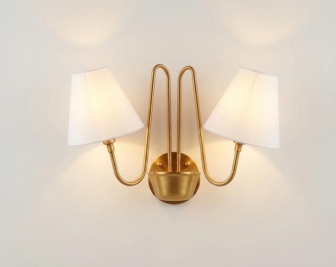 Wall Light Gold Brass Designer Double Arm Sconce, Elegant Mid Century Modern Wall Fixture with Premium Fabric Shades