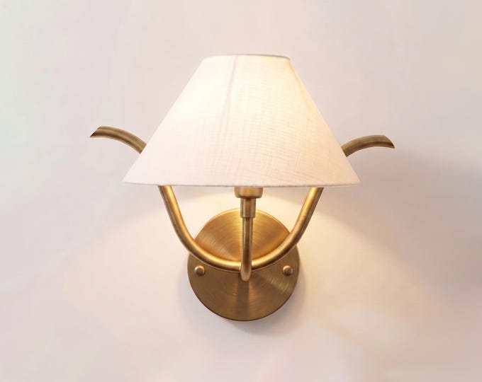 Antique Brass Wall Sconce, Light Wall Lamp, Curved Arm Lighting, White Fabric Shade, Modern Bedroom Sconce, Hallway & Living Room Light