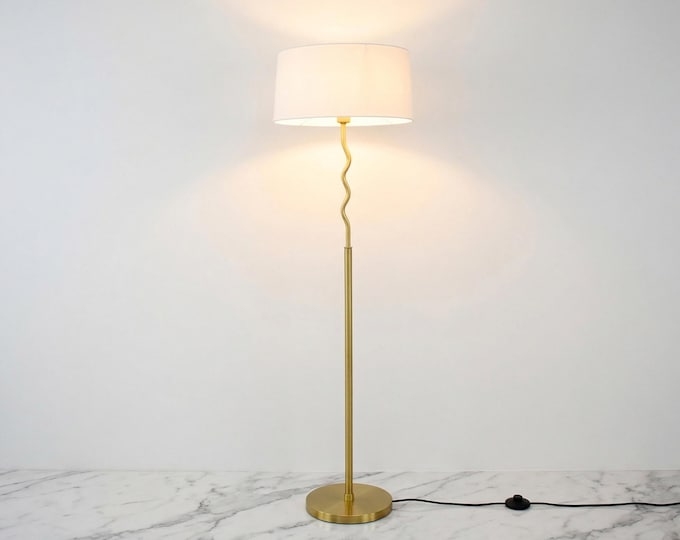Handmade Brass Floor Lamp with White Shade: Mid Century Modern