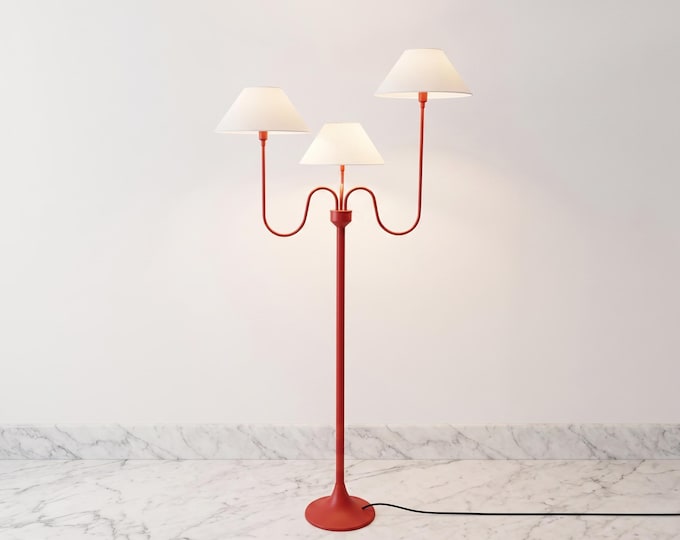 Floor Lamp in Red Color Contemporary Triple Head Standing Lamp with White Fabric Shades Corded Plug for Modern Home Interior Lighting
