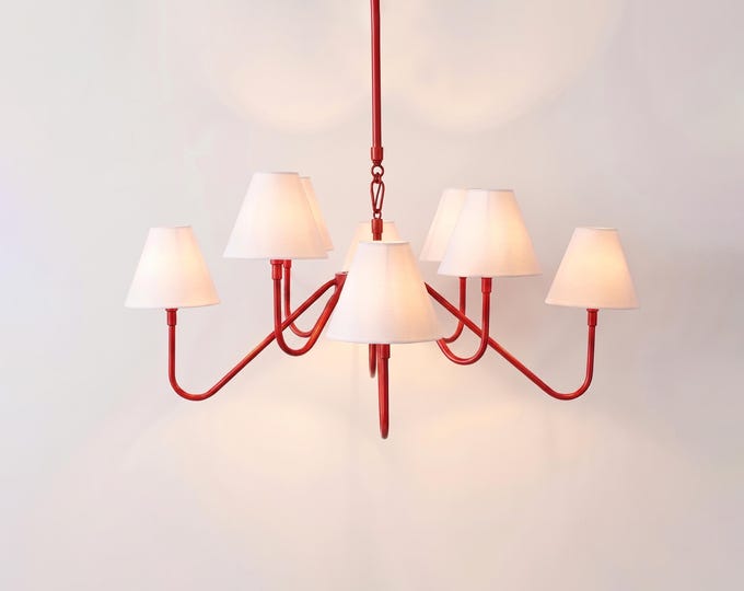 Modern Red Chandelier Ceiling Light | 6-Light Farmhouse Pendant Chandelier with White Fabric Shades for Dining Room, Living Room & Bedroom