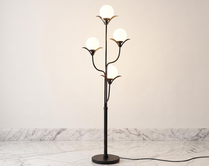 Modern Floral Globe Lamp,4 Light Matte Black Floor Lamp, Matte Black Bedside Lamp, Decorative Accent Light, Vintage Inspired Home Lighting.