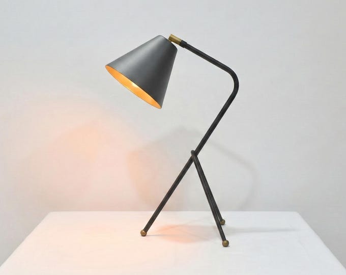 Black Tripod Table Lamp, Modern Industrial Floor Light, Metal Standing Lamp, Black and Gold Lamp, Minimalist Home Décor, Living Room Light.