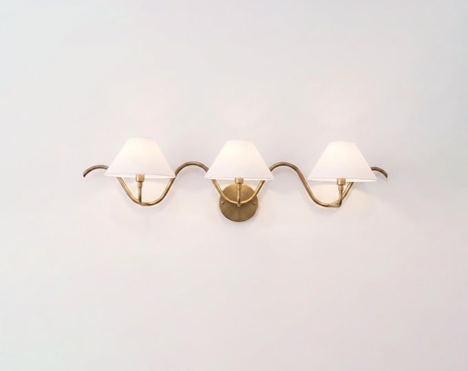 Antique Brass Triple Lamp Wall Sconce, Elegant Scandinavian Wall Light, Wave Design Luxury Fixture for Hallway & Bedroom Bedroom Living Room