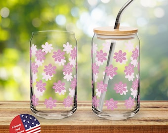 Smiley Daisy Can-Shaped Glass Tumbler: Iced Coffee Cup, Bridal Gift