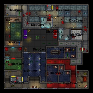 Könnte beinhalten: Eine Draufsicht auf ein Spielbrett mit einem blauen und grauen Fliesenboden. Das Brett ist in Räume unterteilt, die mit "Dice Cave" beschriftet sind, mit roten Blutspritzer und anderen Spielelementen. Das Brett enthält eine Impfstoffpatrone, einen Clubschlüssel, ein silbernes Zahnrad und ein goldenes Auto.