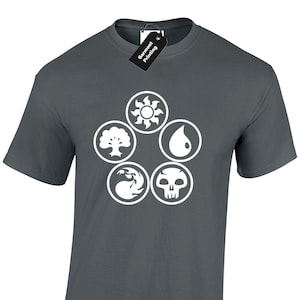 May include: A charcoal grey t-shirt with a white graphic of five symbols within circles. The symbols are a sun, a tree, a flame, a water droplet, and a skull. The tag reads "Garment Printing".