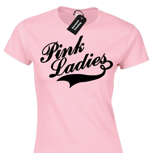 Pink ladies ladies t shirt womens grease t-birds fancy dress sandy retro classic film movie rizzo frenchy frosty palace summer lovin