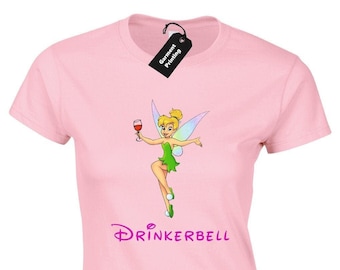 Drinkerbell ladies t-shirt womens funny cute parody joke tinkerbell drinking wine vodka gin top gift present stag hen do party cocktail