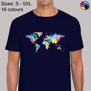 May include: A navy blue t-shirt featuring a colourful watercolour world map design. The text "Sizes: S - 5XL 16 colours" is printed on the shirt.