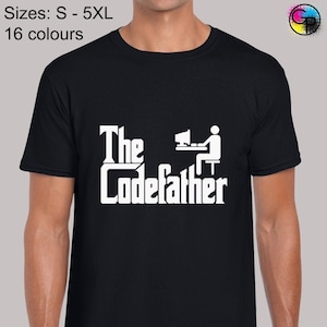 May include: Black t-shirt with a white graphic of a person sitting at a computer with the text "The CodeFather" underneath.