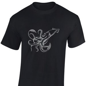 May include: Black t-shirt featuring a grey graphic of a giant squid with tentacles.