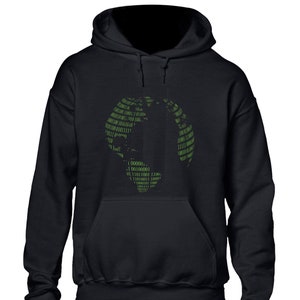May include: Black hoodie featuring a green graphic of a globe made from binary code. The code includes the numbers 0 and 1.