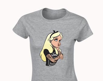 Alice tattoos ladies t shirt womens funny joke novelty cool goth punk rock fashion design music retro classic movie wonderland present gift
