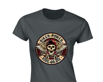Biker power ladies t shirt womens novelty cool motorbike skull motorcycle club clothing design top chopper ride or die present gift idea