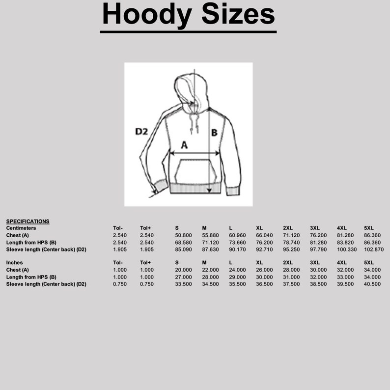 May include: A size chart for hoodies with measurements in inches and centimeters. The chart shows the chest, length from the high point of shoulder, and sleeve length for sizes S through 5XL.