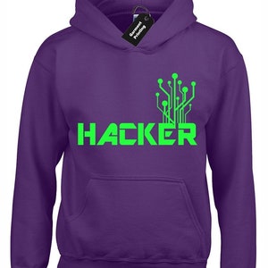 May include: Purple hoodie with a green graphic of a circuit board and the word "HACKER" printed on the front.