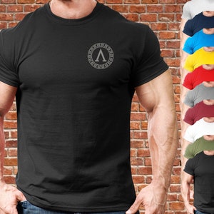 May include: A black t-shirt with a grey Spartan shield logo on the left chest. The shield has a Greek letter A inside.