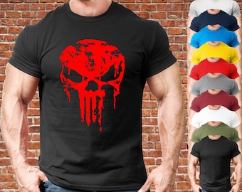 Skull gym (red/white) gym fit t-shirt mens gym clothing workout training bodybuilding exercise health fitness bench squat cool present gift