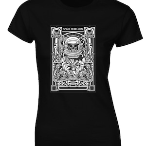 May include: Black t-shirt with a monochrome graphic of a skull in an astronaut helmet, two astronauts with DJ decks, and the words "SPACE REBELLION". The design is detailed and striking.