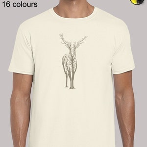 May include: A white t-shirt featuring a grey silhouette of a deer made from trees. The text "Sizes: S - 5XL 16 colours" is printed at the top of the shirt.
