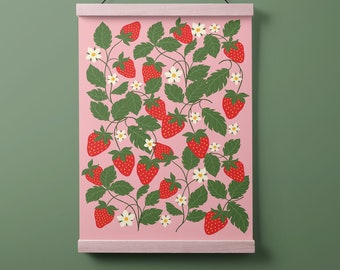 Downloadable Pink Strawberry Wall Art Print, Pink Strawberry Print, Wild Strawberry Print, Botanical Prints, Floral prints, Colourful Prints