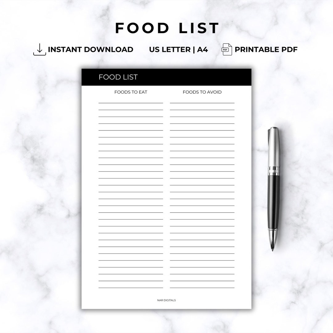 Printable Food List Food Journal Nutrition Planner Meal Tracker A4 ...