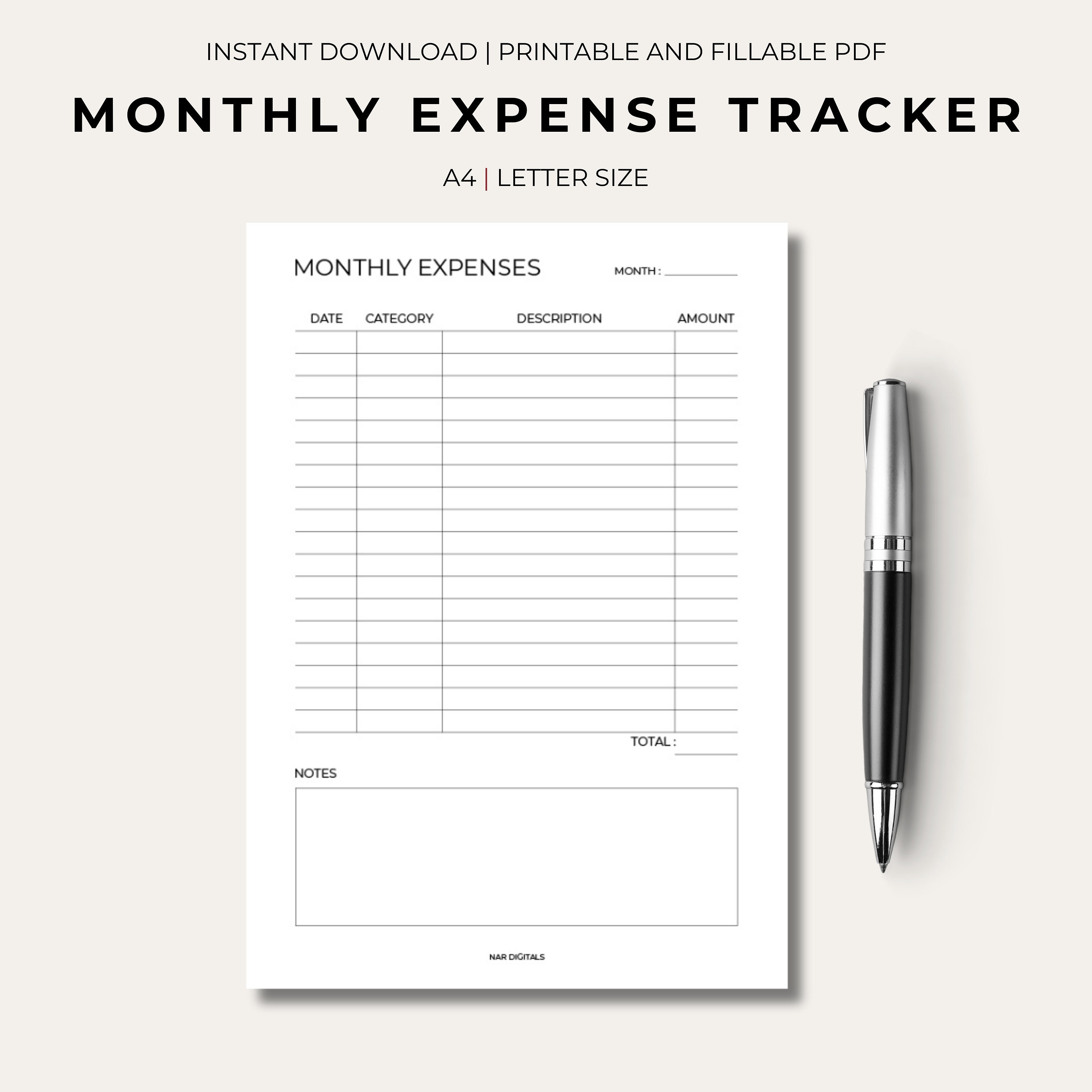 Monthly Expense Log Printable Tracker Spending Log Financial Planner Budget Template A4/letter ...
